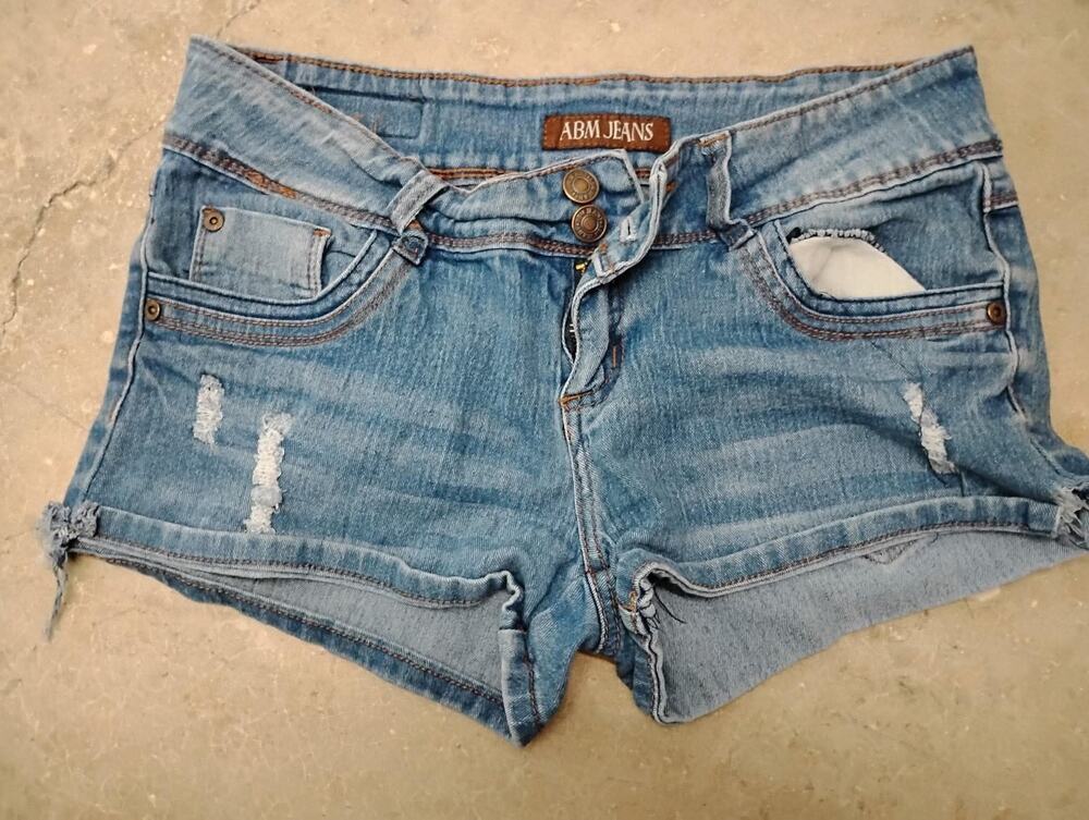 Size 9 Junior's Abm Jean Blue Denim Distressed Low Rise Chino Short Shorts